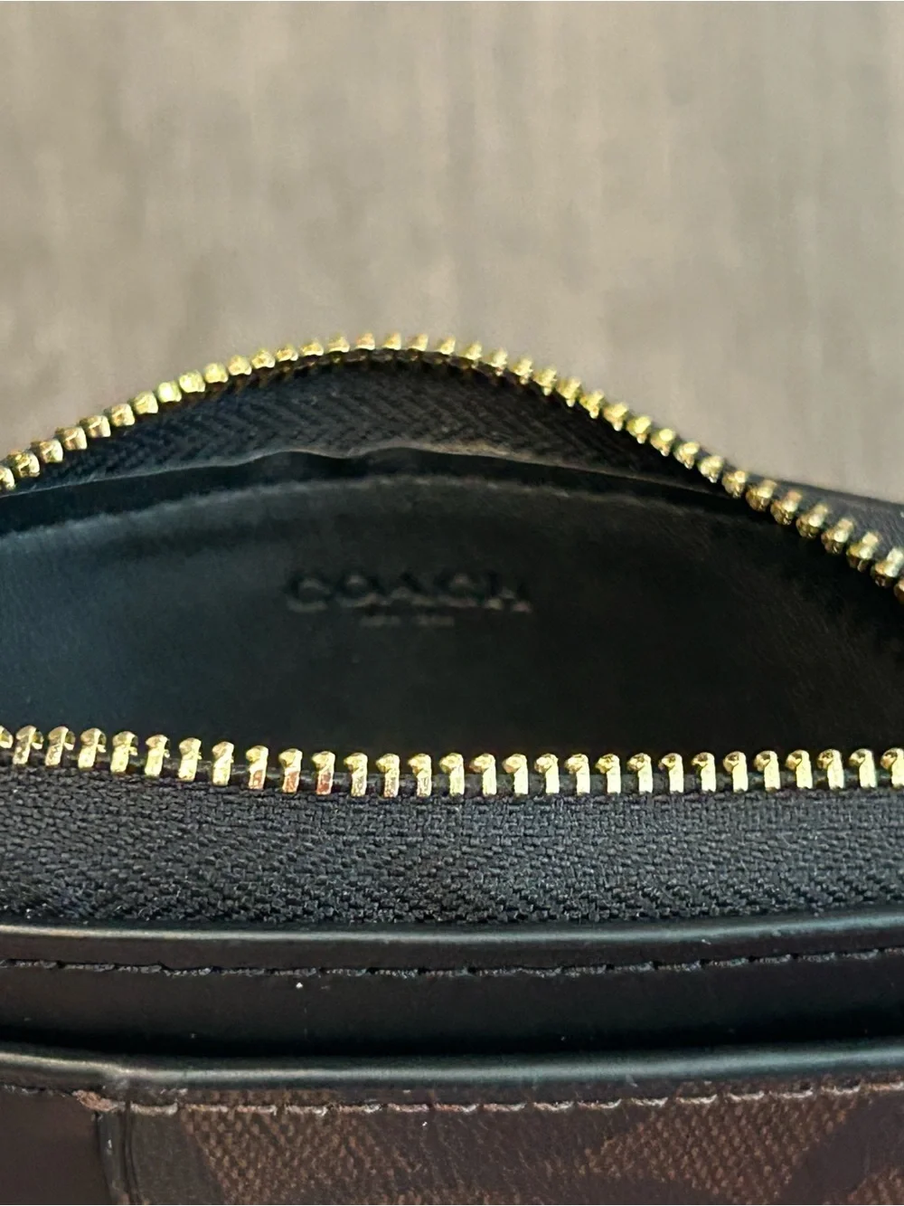 Coach Brown & Black Signature Zip Card Holder with Gold Logo